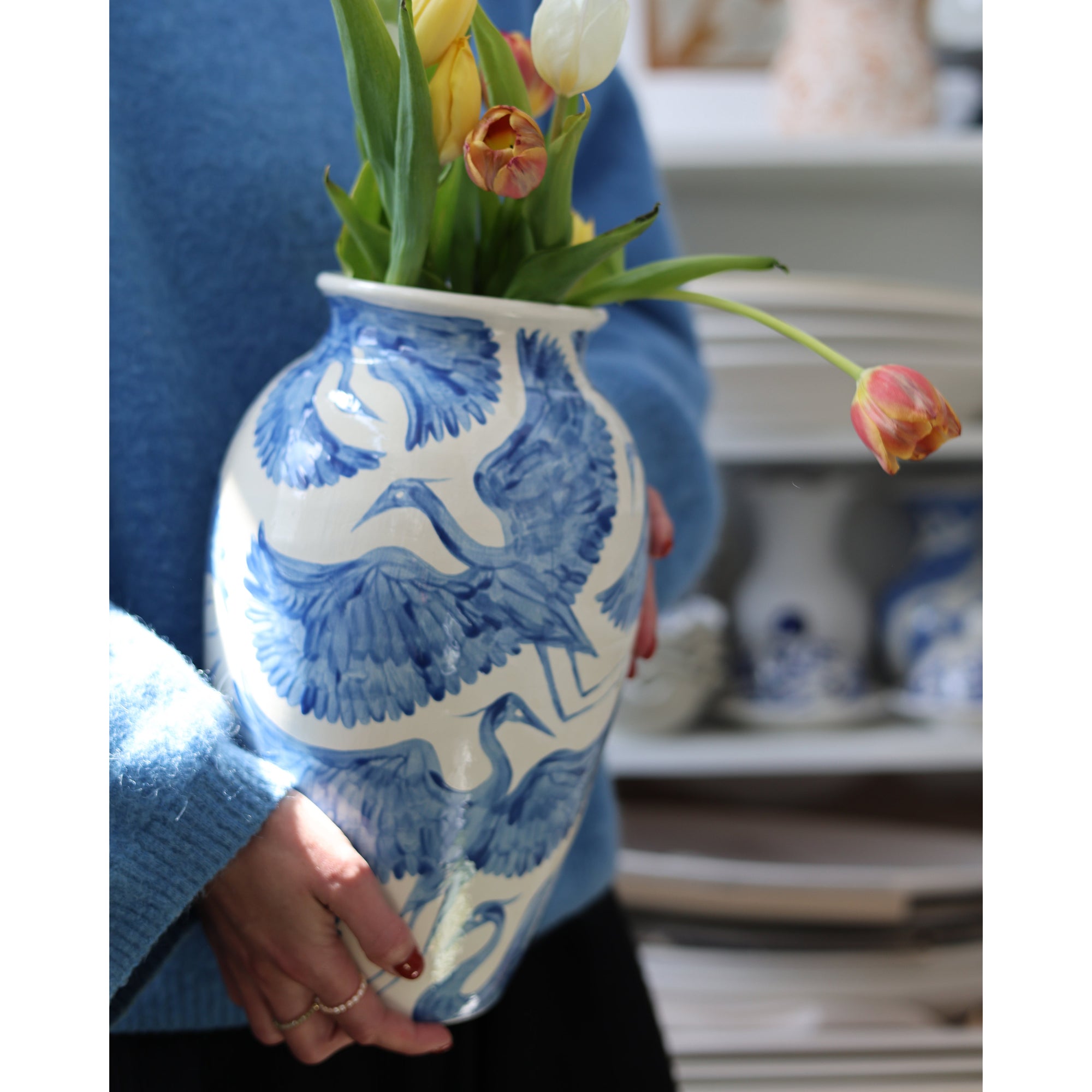 XL Blue Herons Vase | Hand-Painted Ceramic Vase