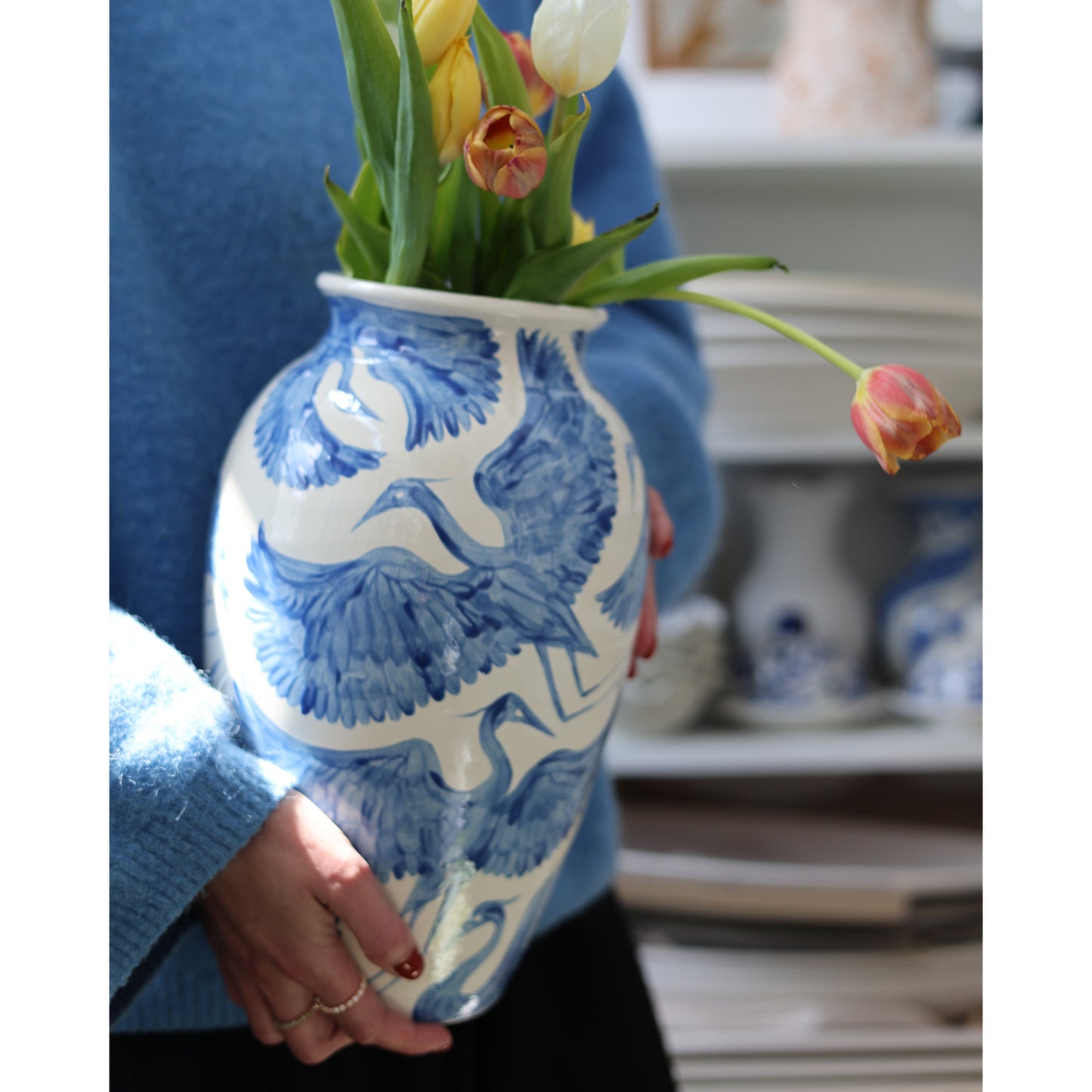 XL Blue Herons Vase | Hand-Painted Ceramic Vase