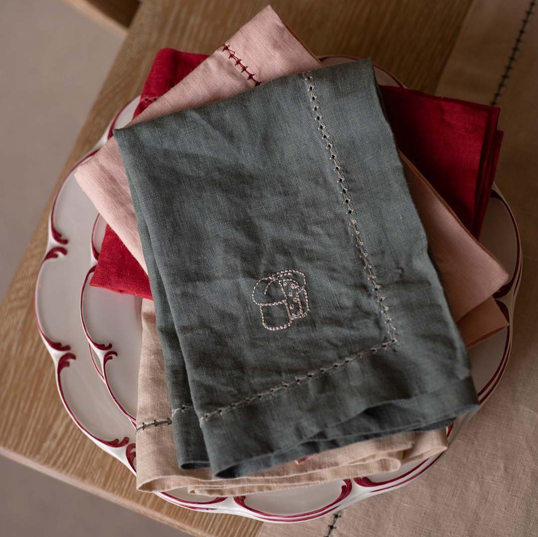 Embroidered Linen Napkins, Set of 2 - Pine Green