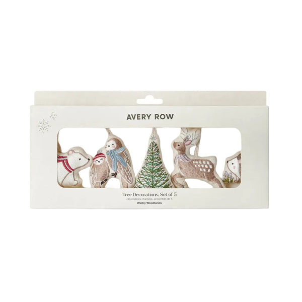 Embroidered Tree Decorations, Set of 5 - Wintry Woodlands