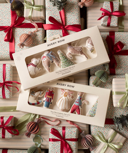 Embroidered Tree Decorations, Set of 5 - Wintry Woodlands