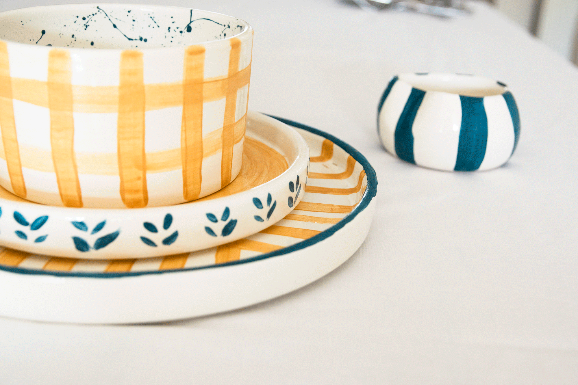 YELLOW PLAID HANDMADE CERAMIC BOWL