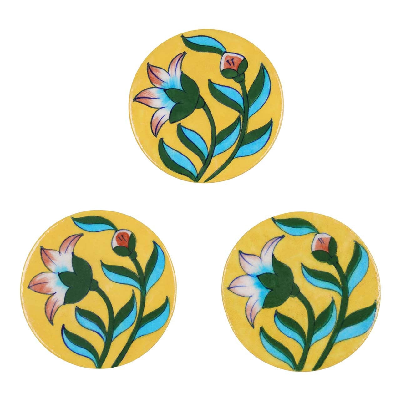 Jaipur pottery yellow coasters with a Lily design