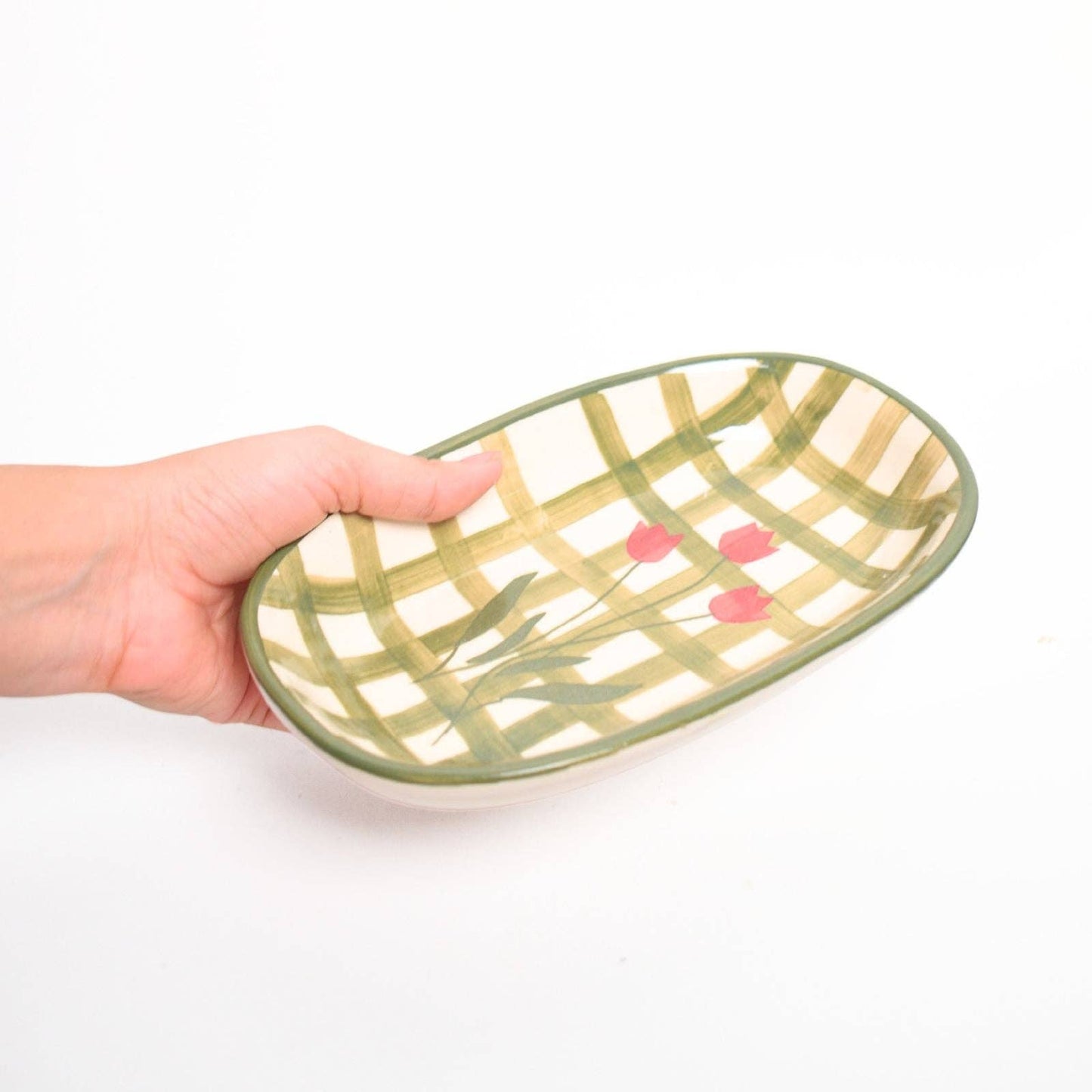 Green Checked Oval Bowl | Hand-Painted Ceramic | 8 Inch