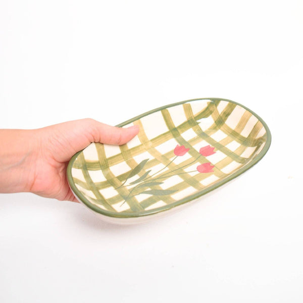 Green Checked Oval Bowl | Hand-Painted Ceramic | 8 Inch