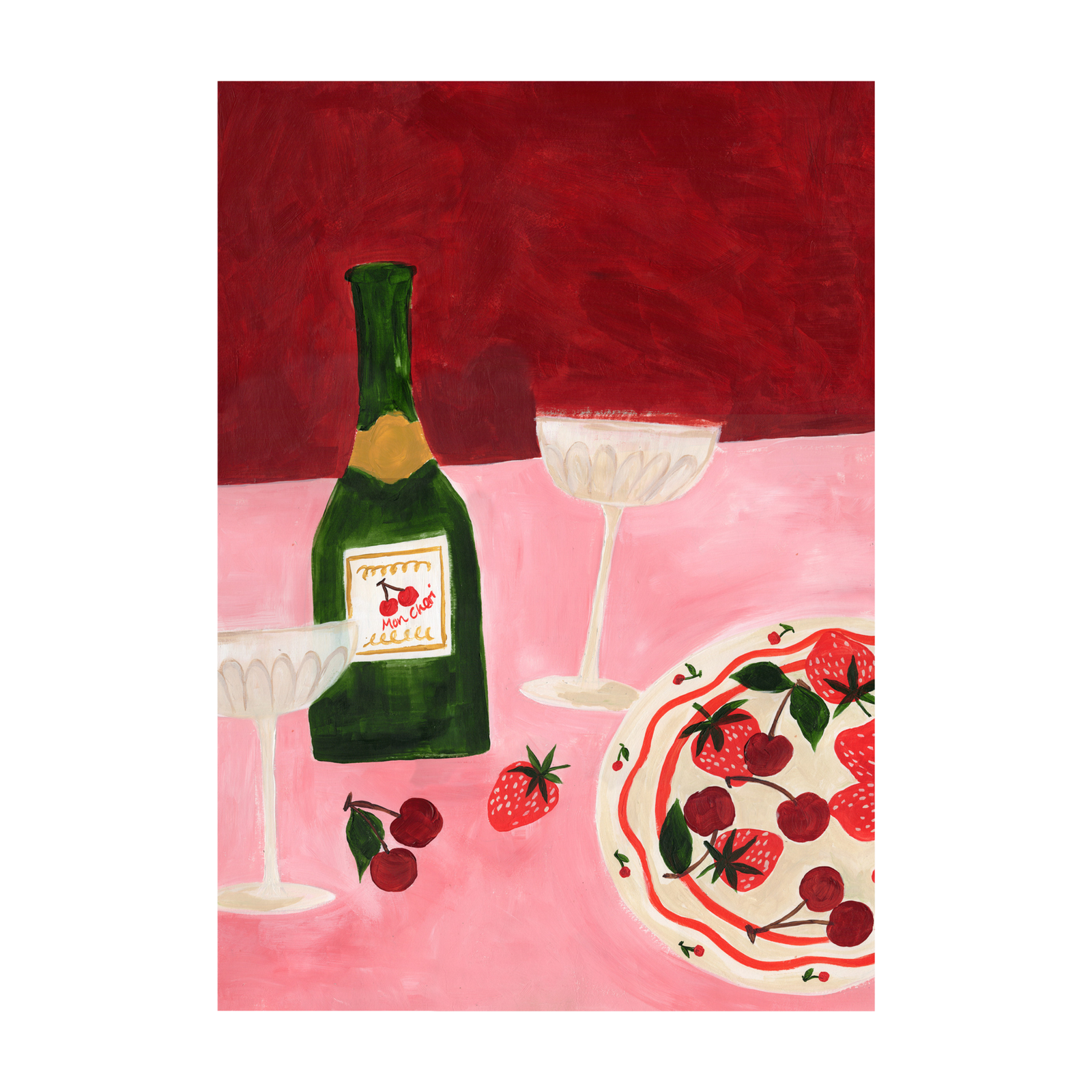 Strawberries after Midnight, Playful Still Life Art Print