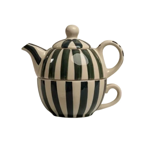 Teal Striped Kettle & Cup Set | Handpainted Ceramic | 8 in