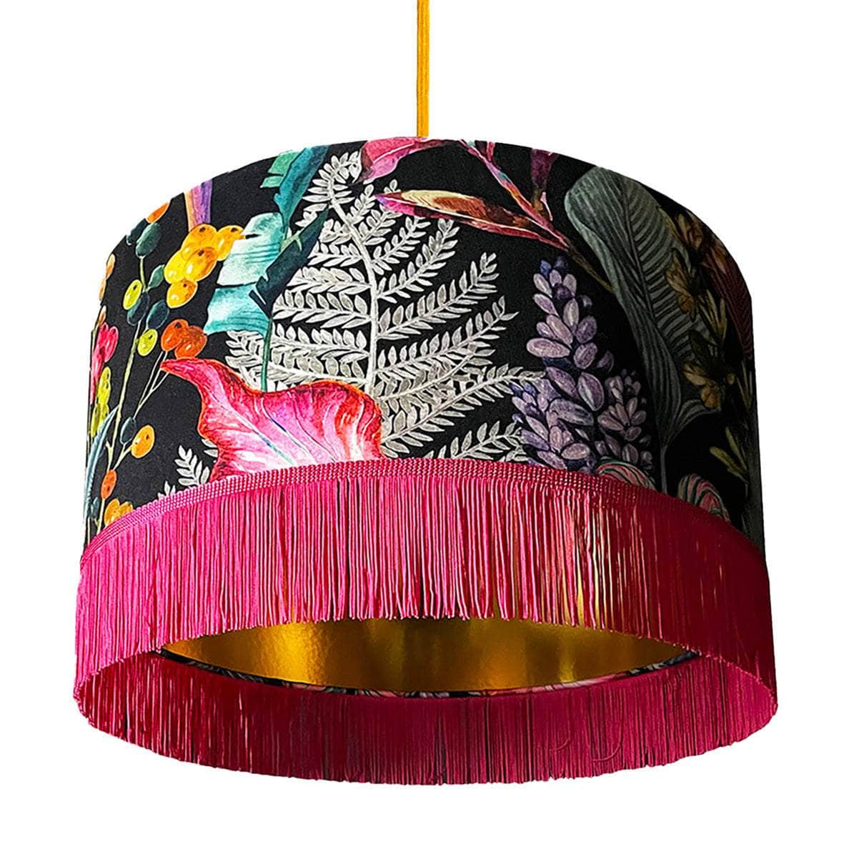 Acid Jungle Lampshade With Gold Lining and Hot Pink Fringing