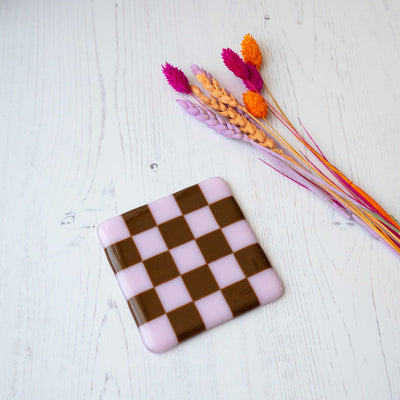 10cm Chequered Dual Coloured Coaster - Pink &amp; Brown Woodland image