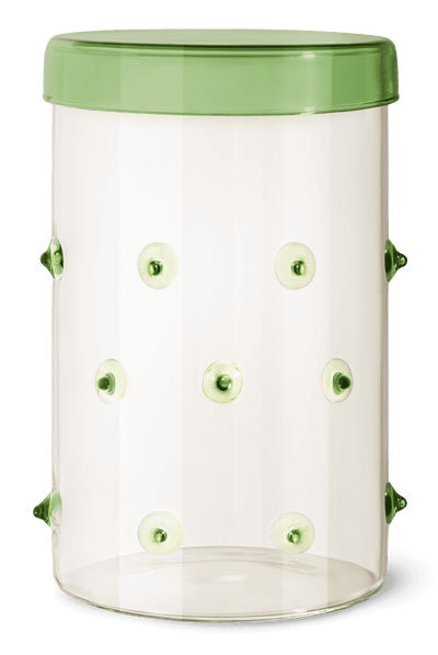 OCTAEVO Agave Glass Container Large: clear cylindrical borosilicate glass with green lid and green suction cups.