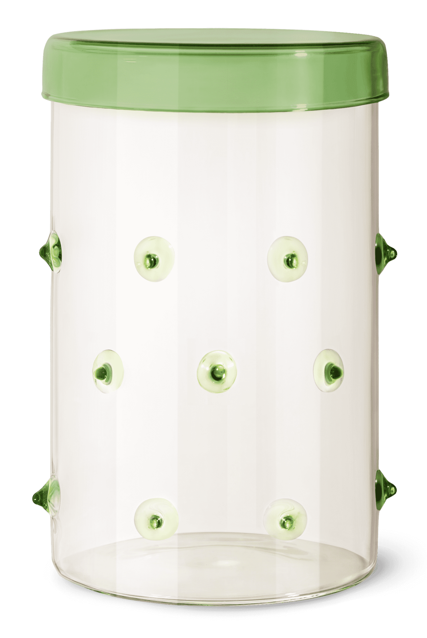 OCTAEVO Agave Glass Container Large: clear cylindrical borosilicate glass with green lid and green suction cups.