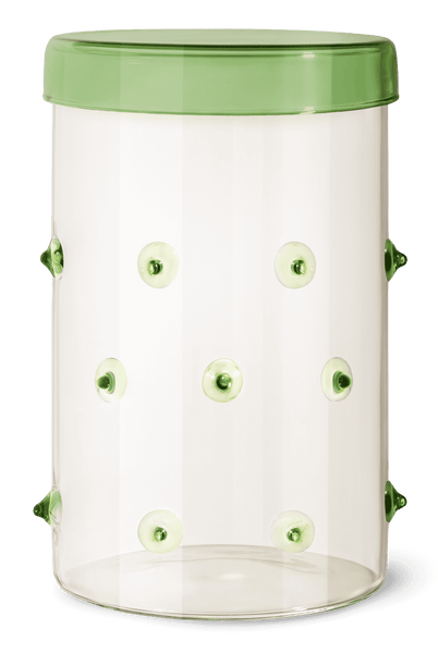 OCTAEVO Agave Glass Container Large: clear cylindrical borosilicate glass with green lid and green suction cups.