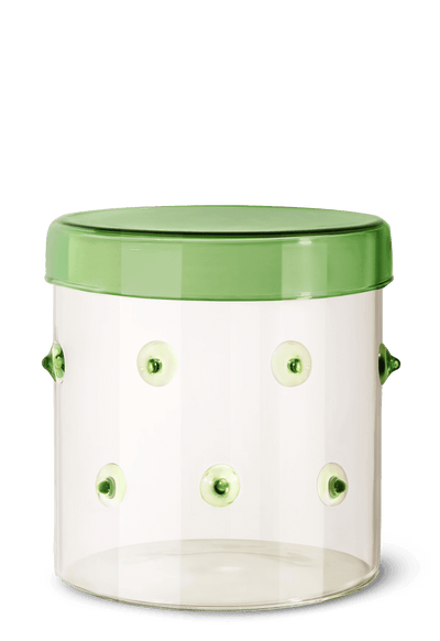 The Agave Glass Container Small by OCTAEVO features clear borosilicate glass and a green lid, ideal for stylish storage.
