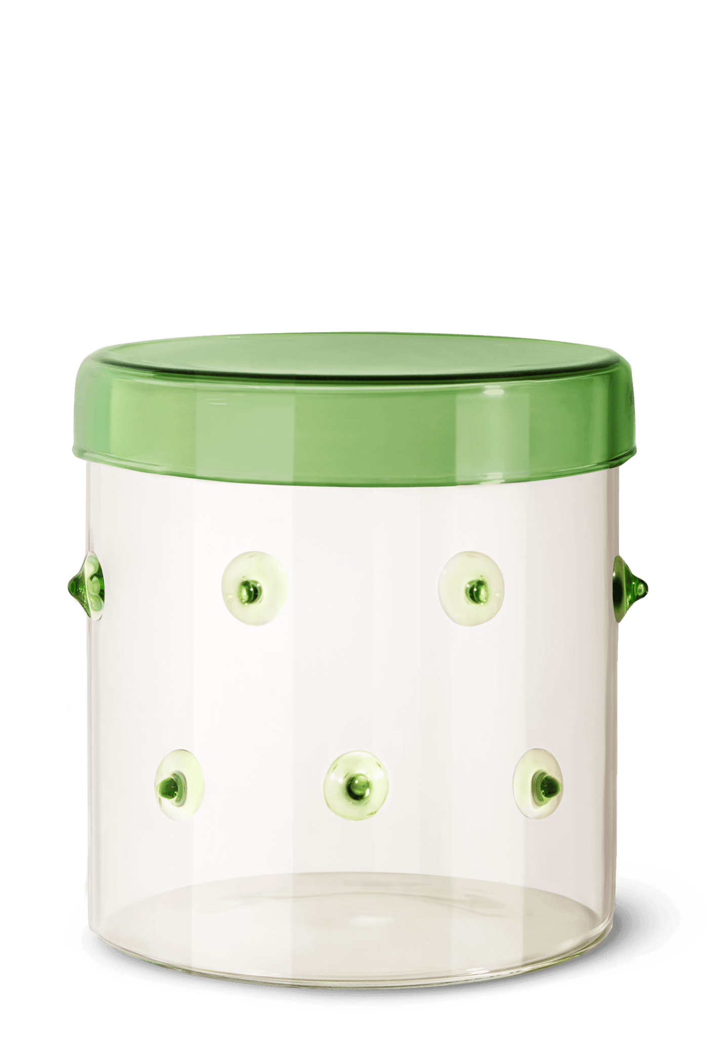 The Agave Glass Container Small by OCTAEVO features clear borosilicate glass and a green lid, ideal for stylish storage.