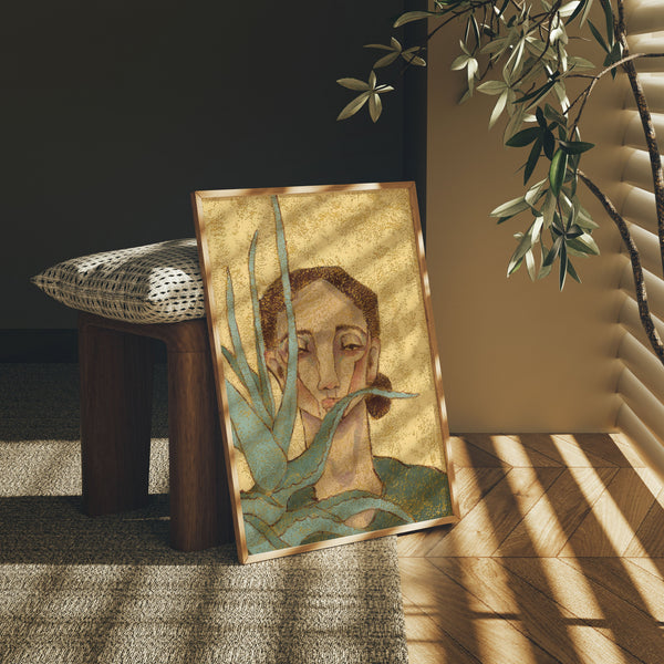 Artistic portrait of a woman with plants in a room with sunlight filtering through.