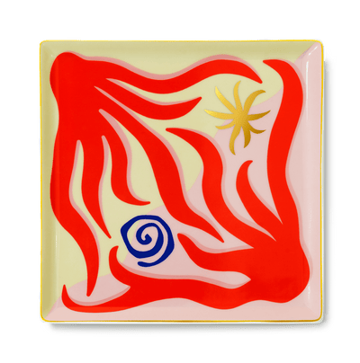 The Amalfi Ceramic Tray by Octaevo features a yellow starburst and blue spiral in coral-inspired red shapes—a unique gift.