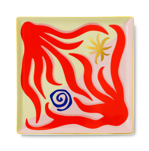 The Amalfi Ceramic Tray by Octaevo features a yellow starburst and blue spiral in coral-inspired red shapes—a unique gift.