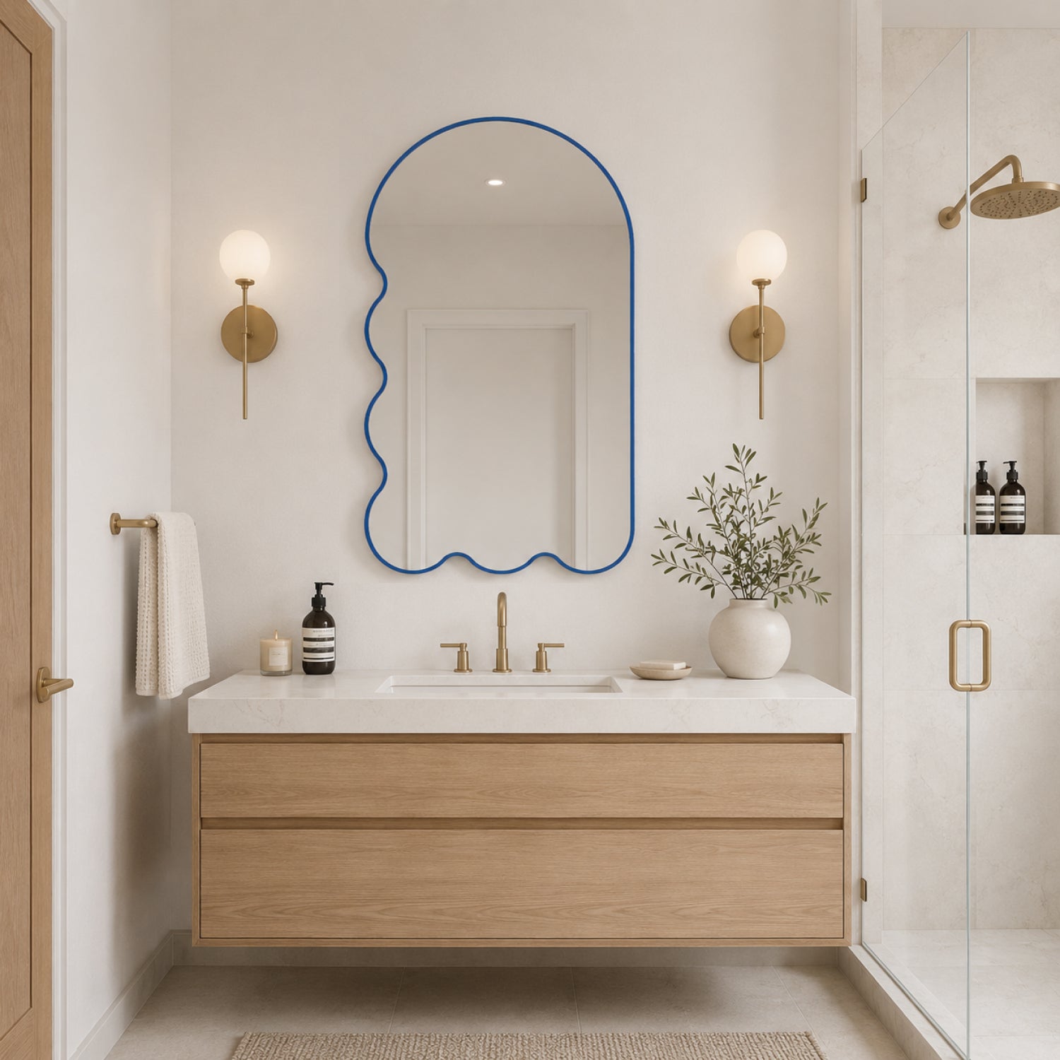 Light Blue Archvyli L6 Large Sculptural Wall Mirror with a Wavy Edge