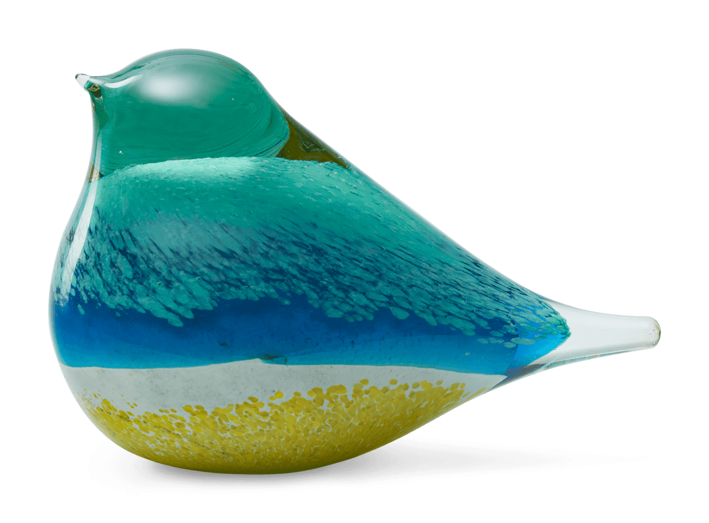 The OCTAEVO Atlas Glass Bird is a unique hand-blown figurine in blue, white, and yellow.