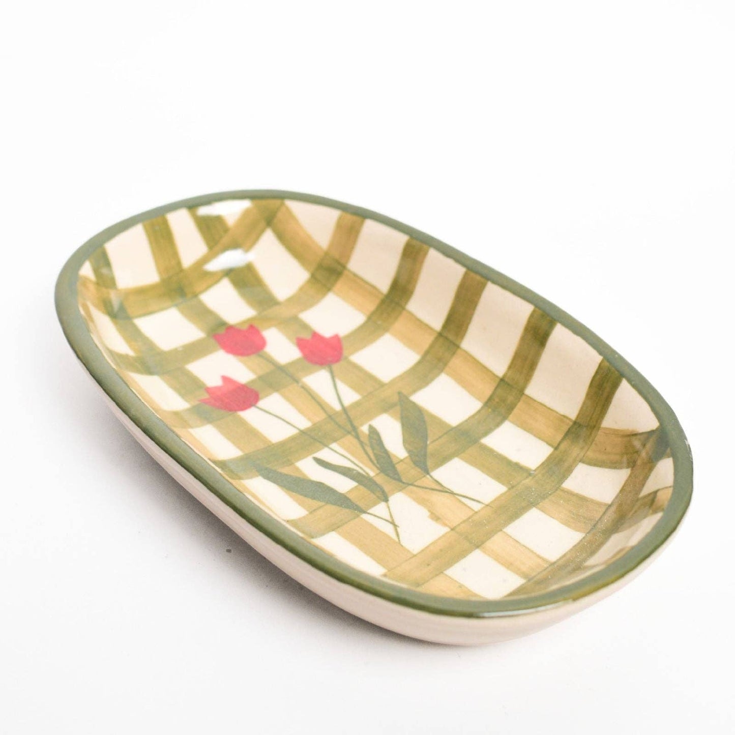 Green Checked Oval Bowl | Hand-Painted Ceramic | 8 Inch