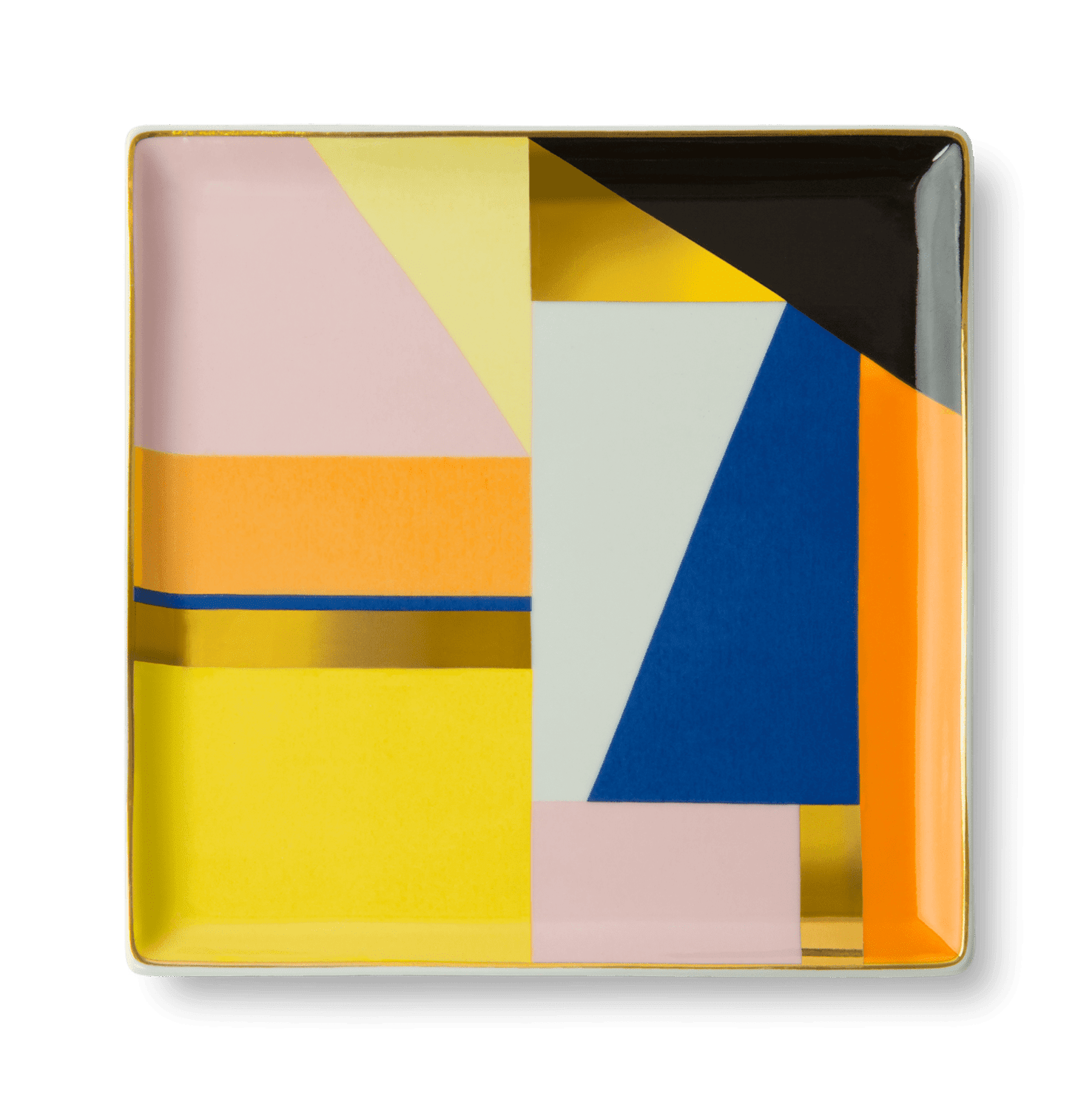 The Bazaar Ceramic Tray by OCTAEVO features a colorful geometric design with gold details and rim. 