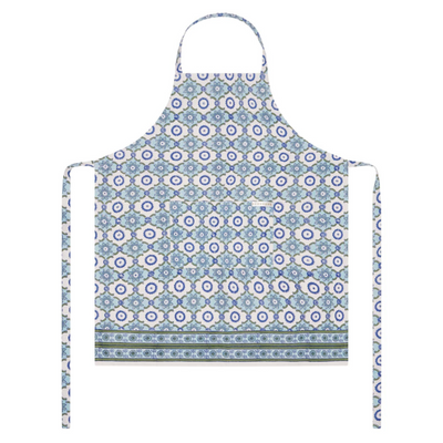 Patterned block printed apron on a white background