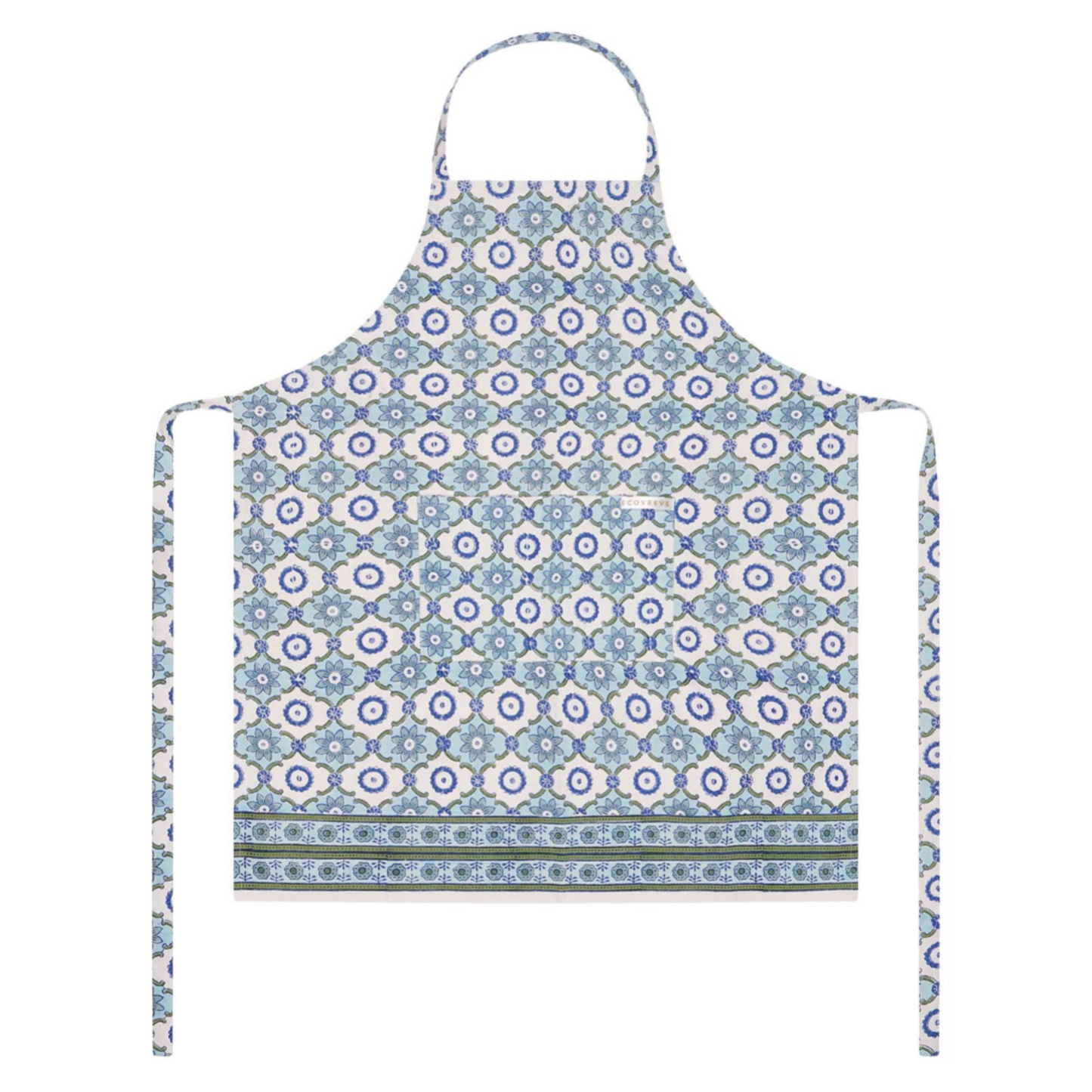 Patterned block printed apron on a white background