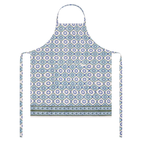 Patterned block printed apron on a white background