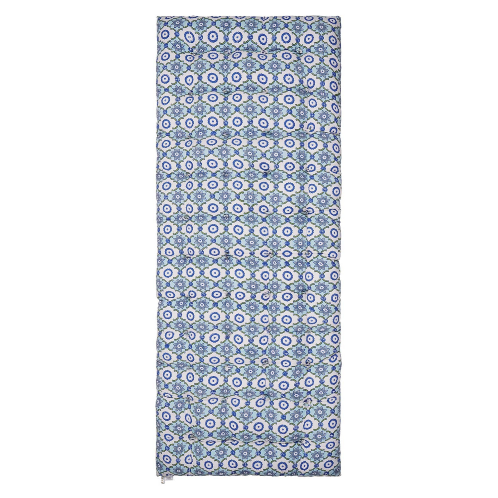 Patterned block printed mattress with blue and white geometric design on a white background
