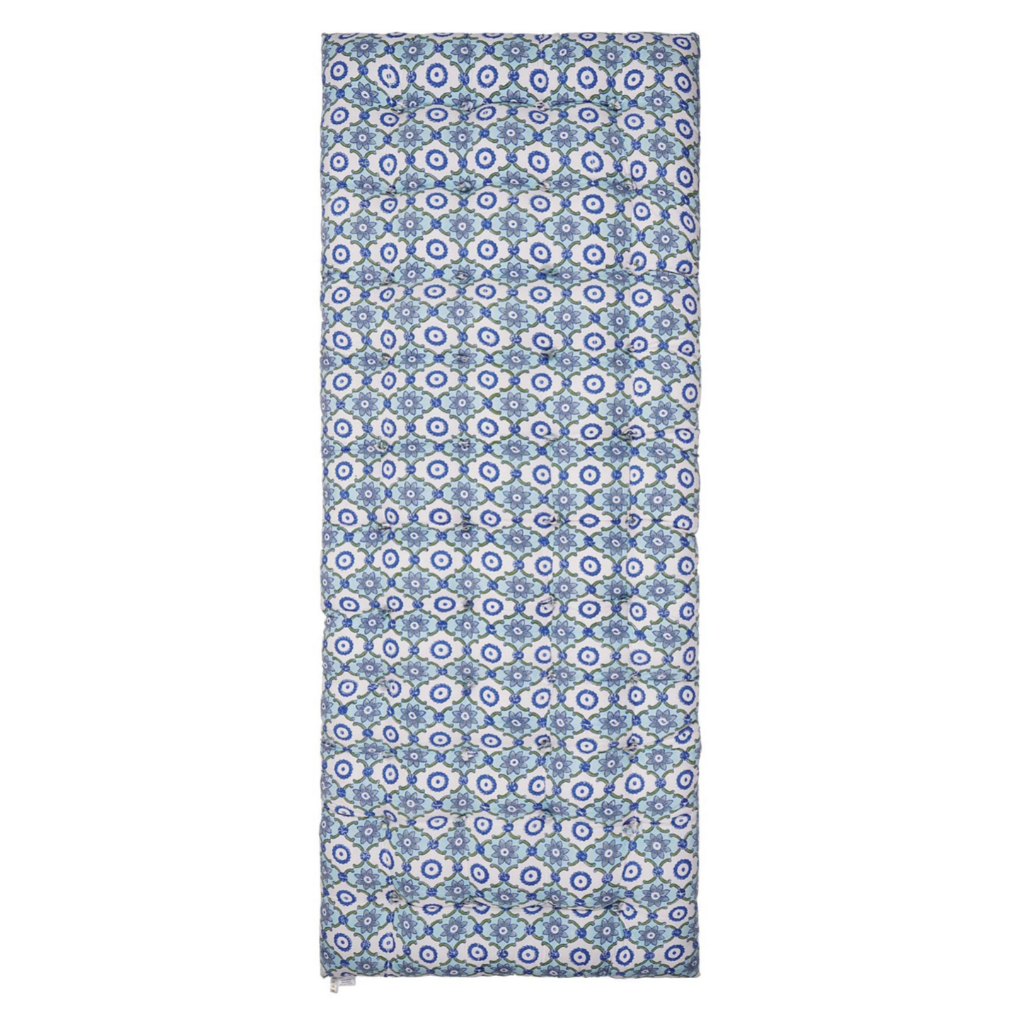 Patterned block printed mattress with blue and white geometric design on a white background