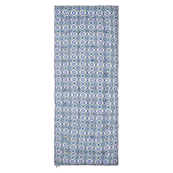 Patterned block printed mattress with blue and white geometric design on a white background