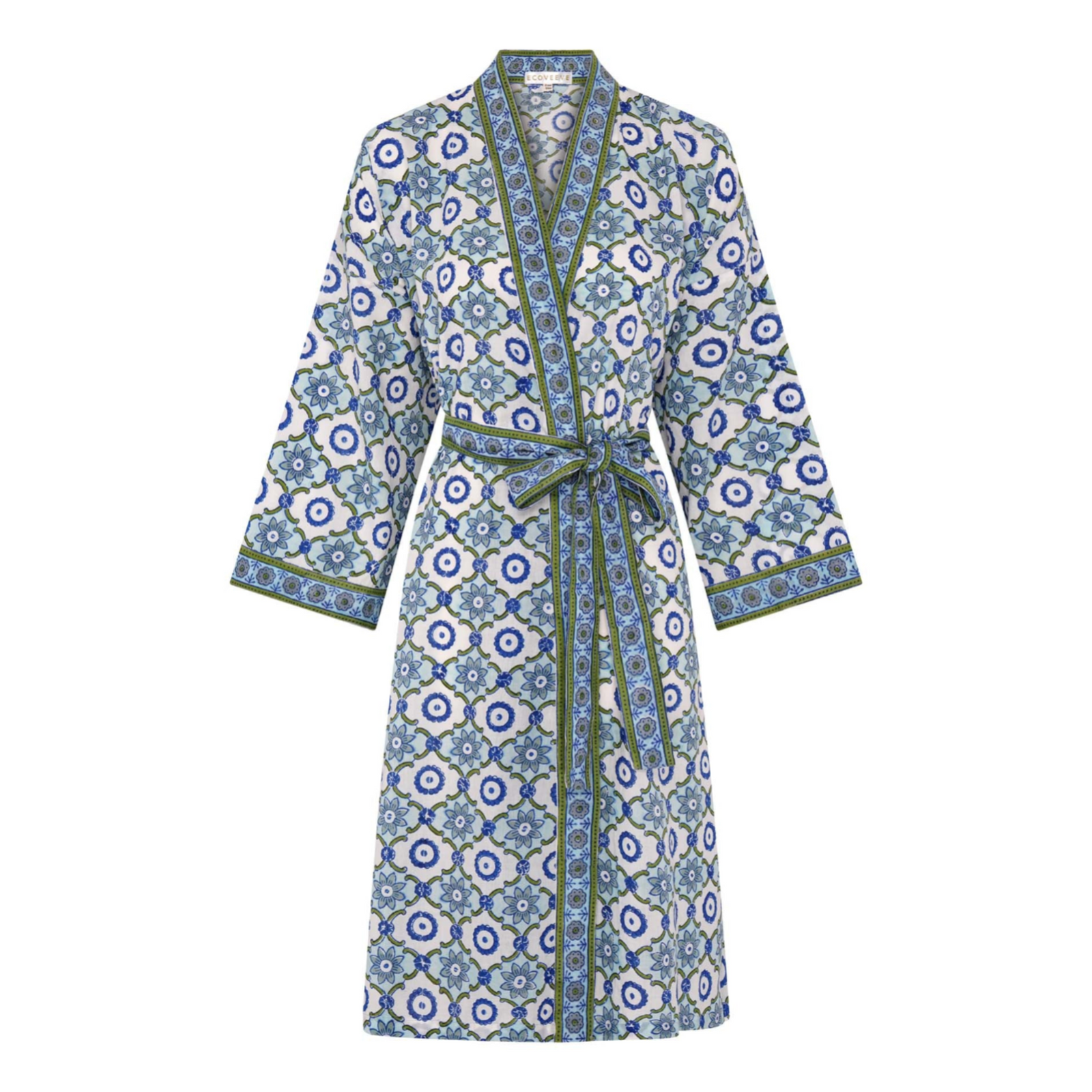 A hand block printed dressing robe with a floral pattern, predominantly in blue and white colors, with a sash belt.