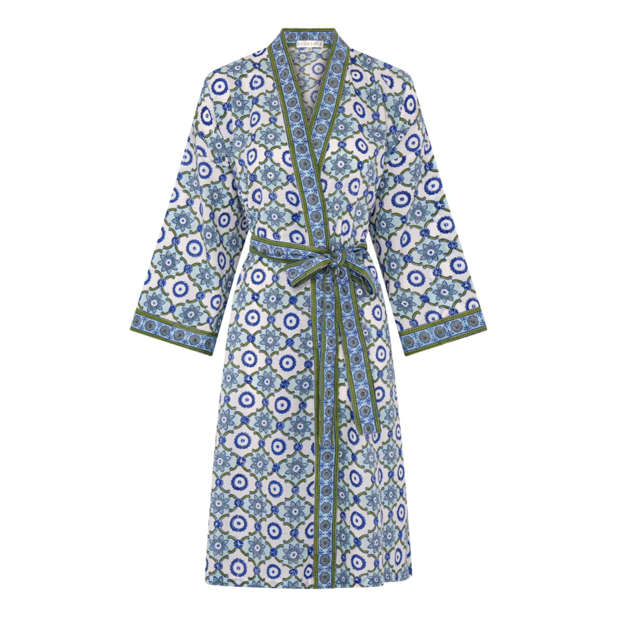 A hand block printed dressing robe with a floral pattern, predominantly in blue and white colors, with a sash belt.