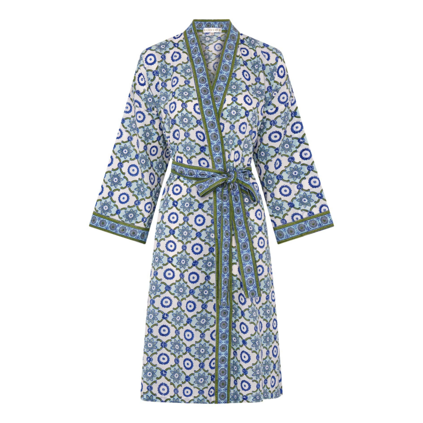 A hand block printed dressing robe with a floral pattern, predominantly in blue and white colors, with a sash belt.