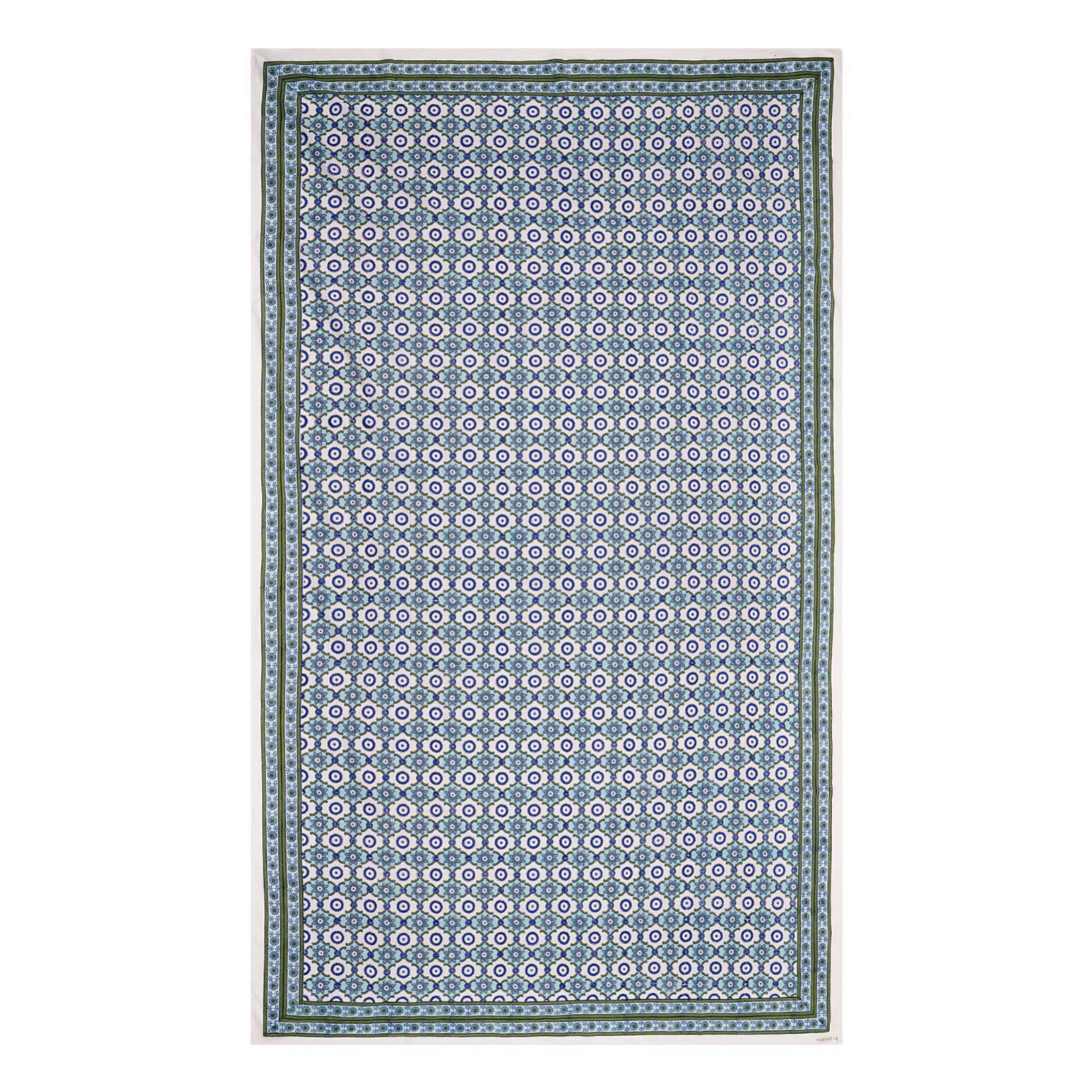 A rectangular tablecloth with a floral pattern in shades of blue and green, displayed on a white background.