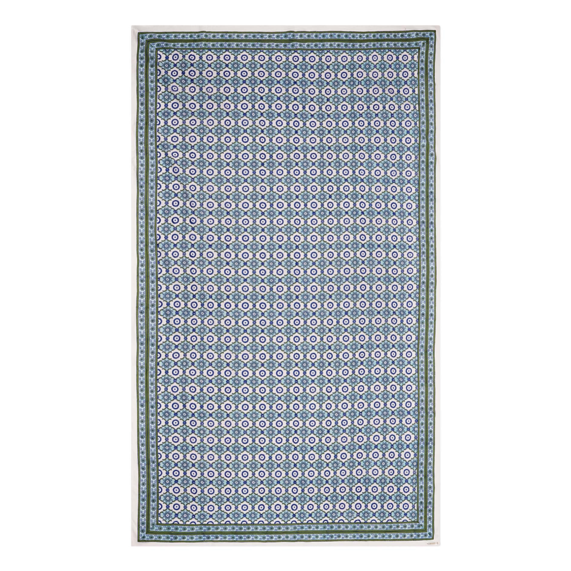 A rectangular tablecloth with a floral pattern in shades of blue and green, displayed on a white background.