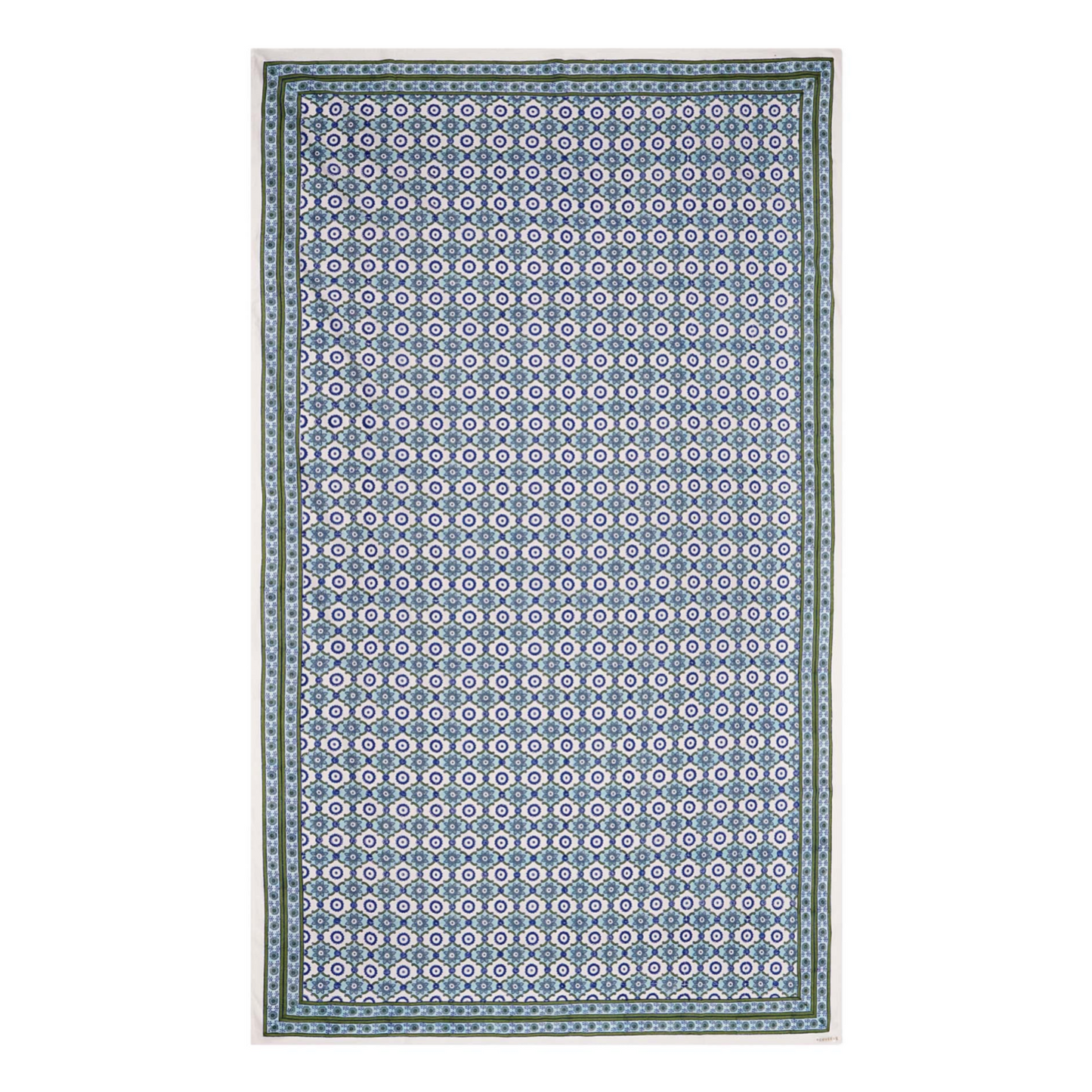 A rectangular tablecloth with a floral pattern in shades of blue and green, displayed on a white background.
