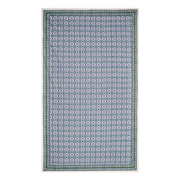 A rectangular tablecloth with a floral pattern in shades of blue and green, displayed on a white background.