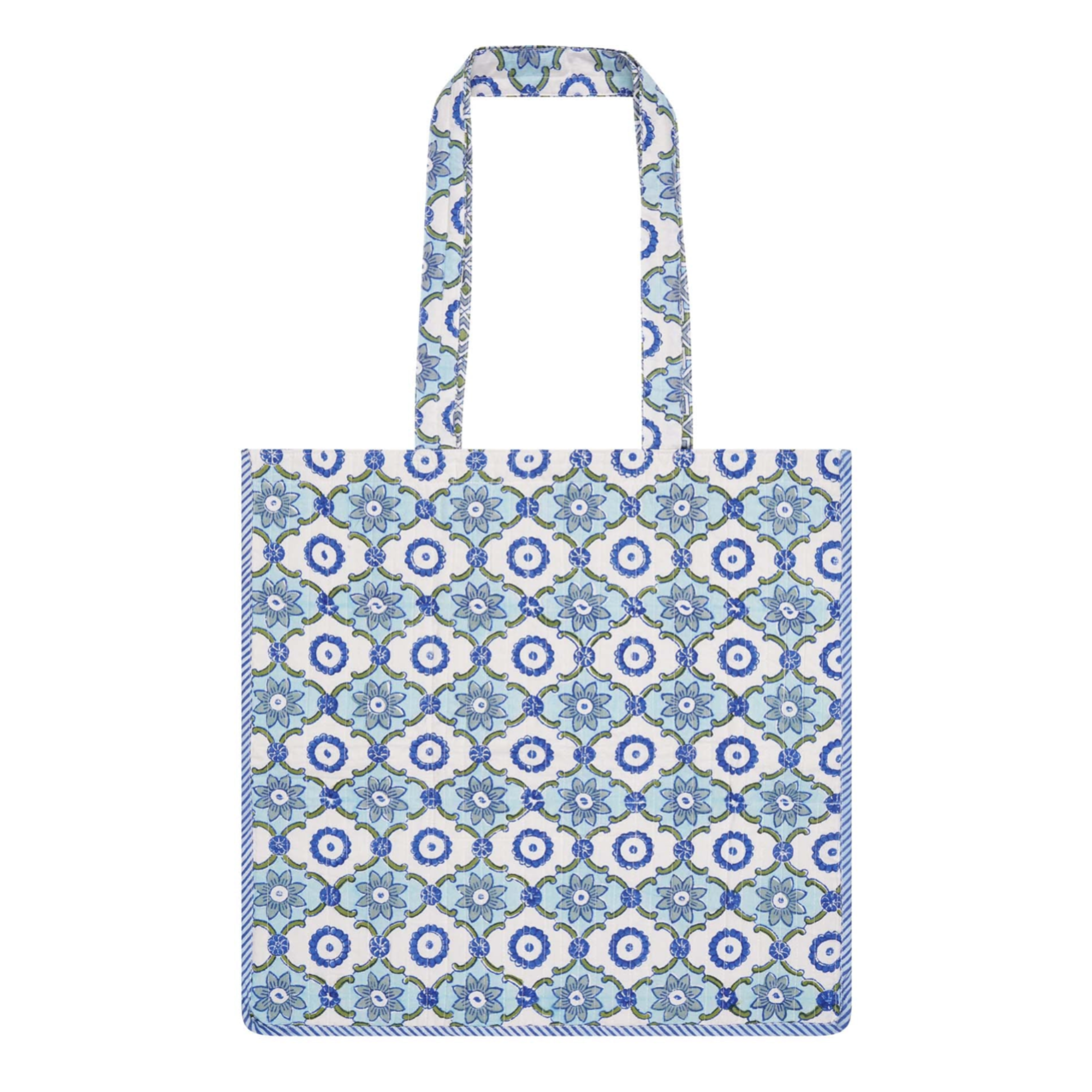 A block-printed cotton tote bag with a geometric pattern and contrast trim in blues and greens