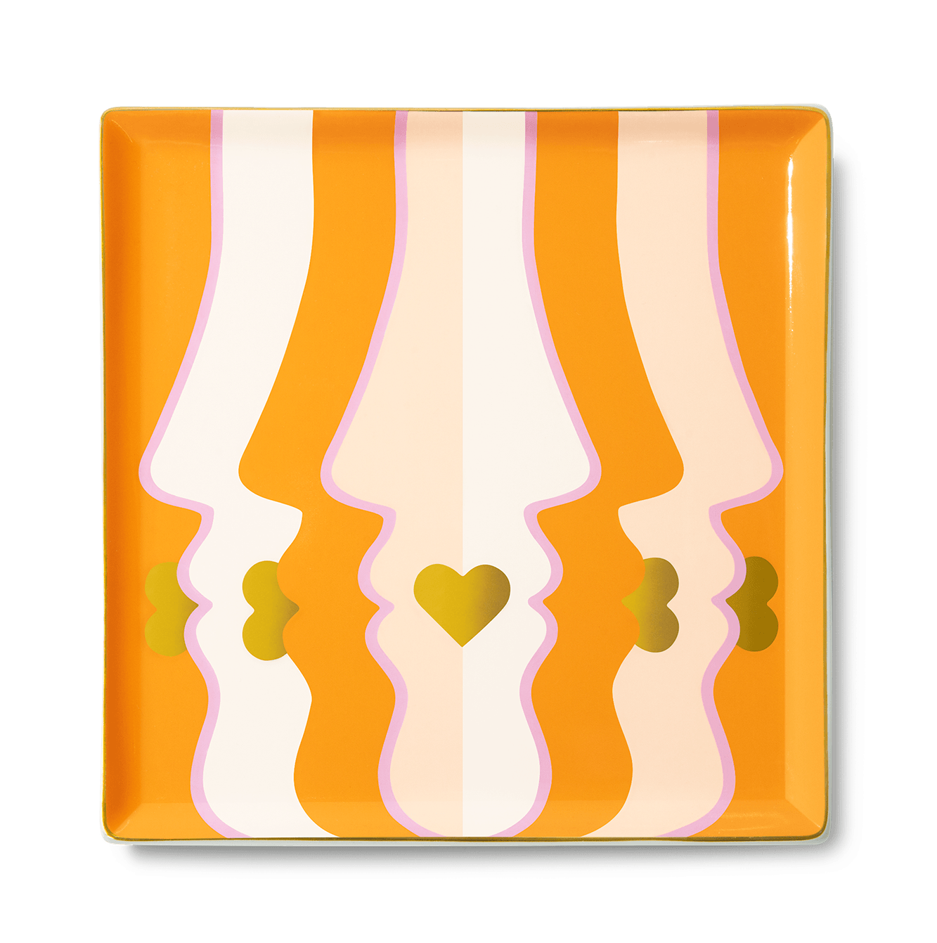 The Beso Ceramic Tray by Octaevo features abstract orange faces, gold hearts, and is perfect for a chic gift or tablescape.