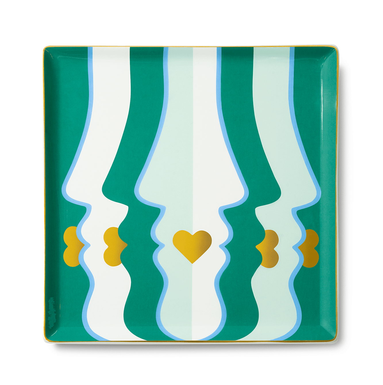 The Beso Ceramic Tray by Octaevo features abstract green, gold, and mint face profiles —ideal for a chic tablescape. 