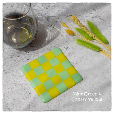 10cm Chequered Dual Coloured Coaster - Green Mint &amp; Yellow Canary image