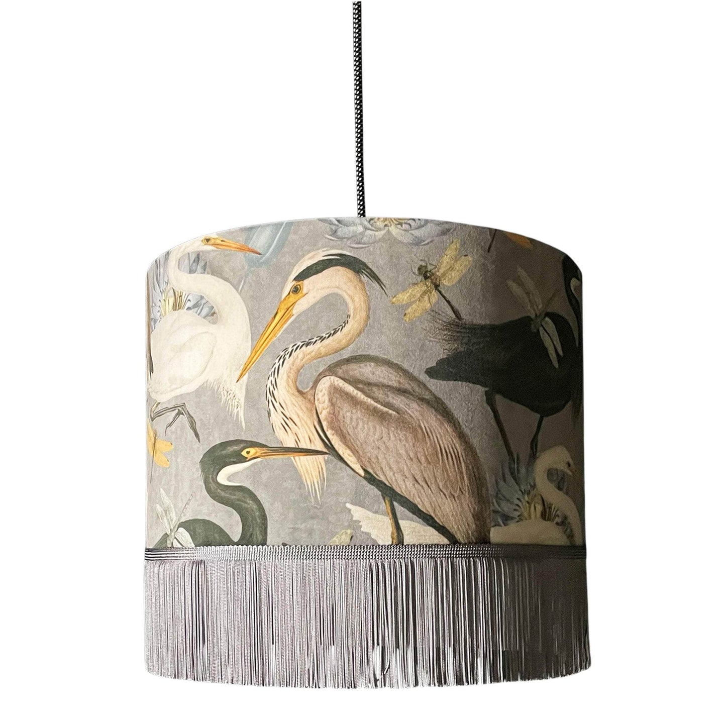 Bird Song Lampshade in Soft Grey With Gold Lining and Grey Fringing