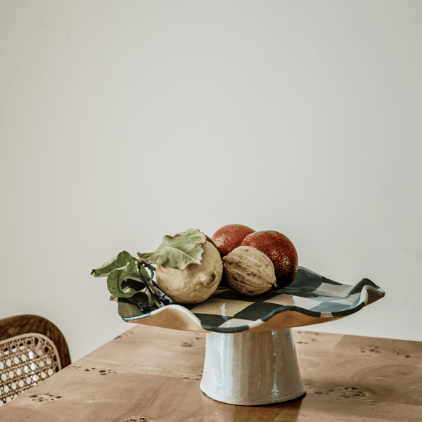 Green Wavy Check Pedestal Bowl