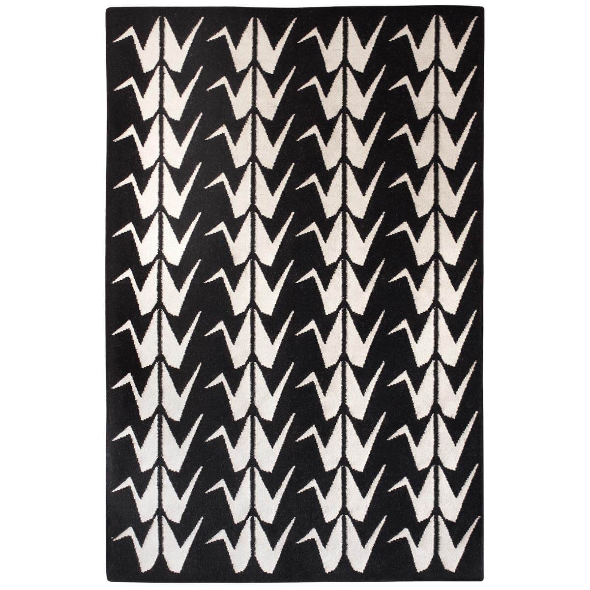 Black and White Flatweave Rug handwoven with striking graphic geometric Crane design