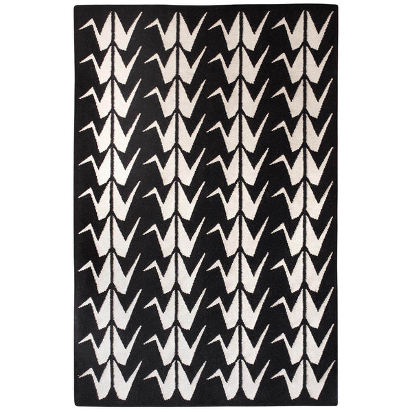 Black and White Flatweave Rug handwoven with striking graphic geometric Crane design