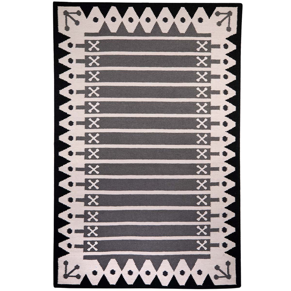 Black and white stripe rug handwoven with dark grey stripes, black decorative border and off-white ecru base.