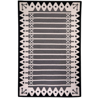 Black and white stripe rug handwoven with dark grey stripes, black decorative border and off-white ecru base.