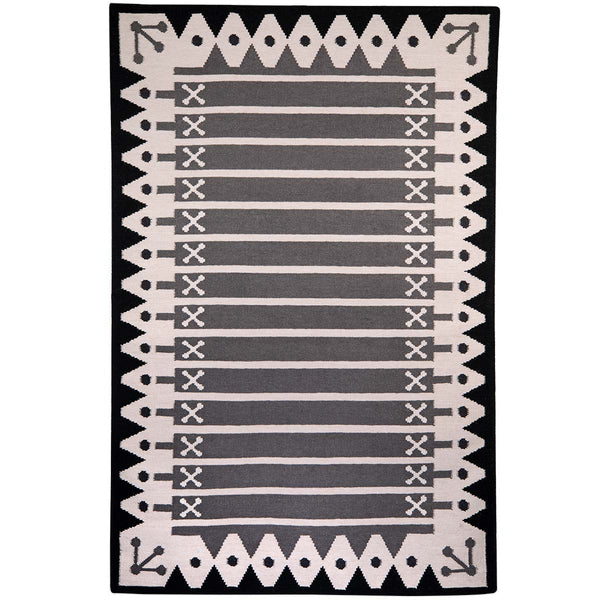 Black and white stripe rug handwoven with dark grey stripes, black decorative border and off-white ecru base.
