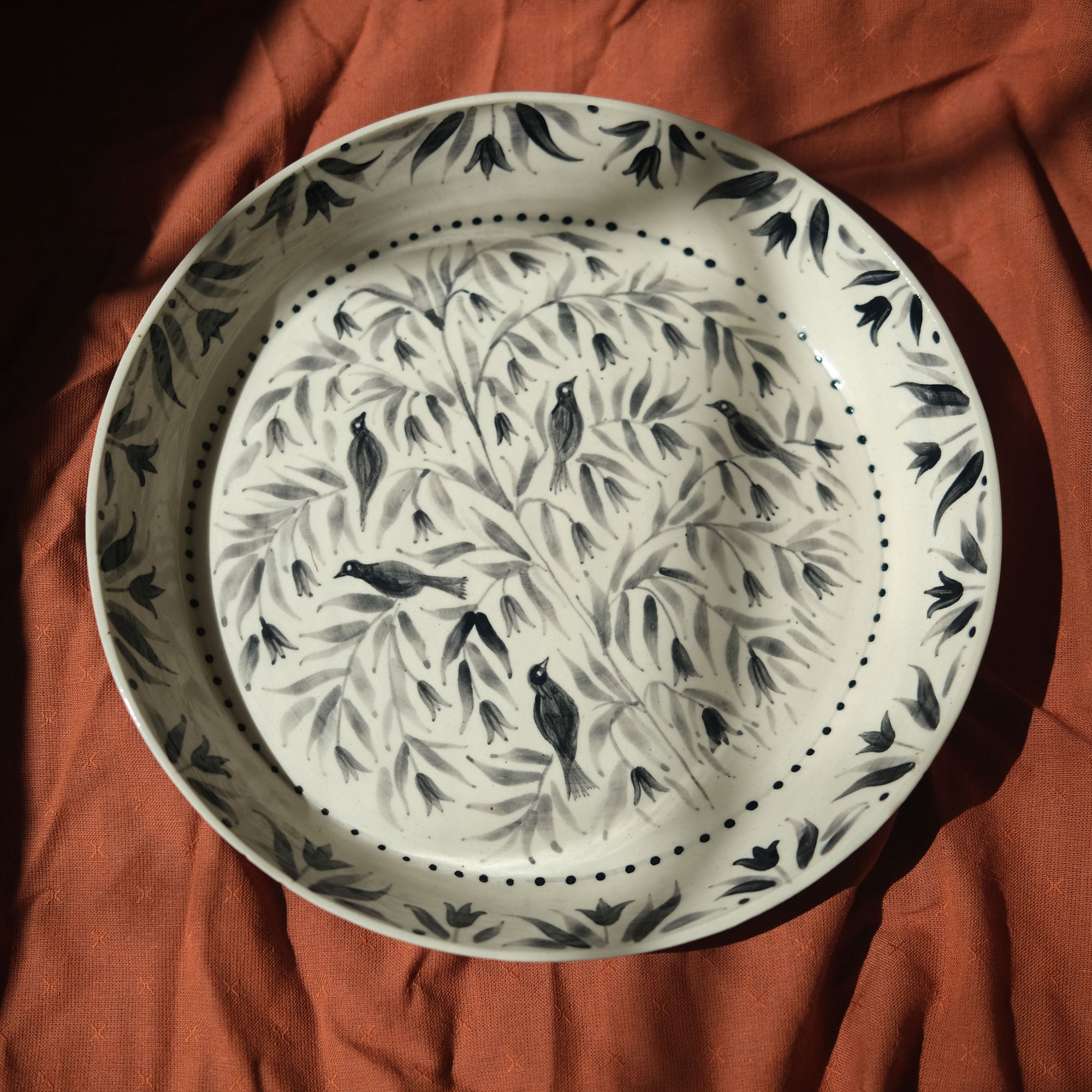 Hand Painted Blackbirds Stoneware Shallow Bowl